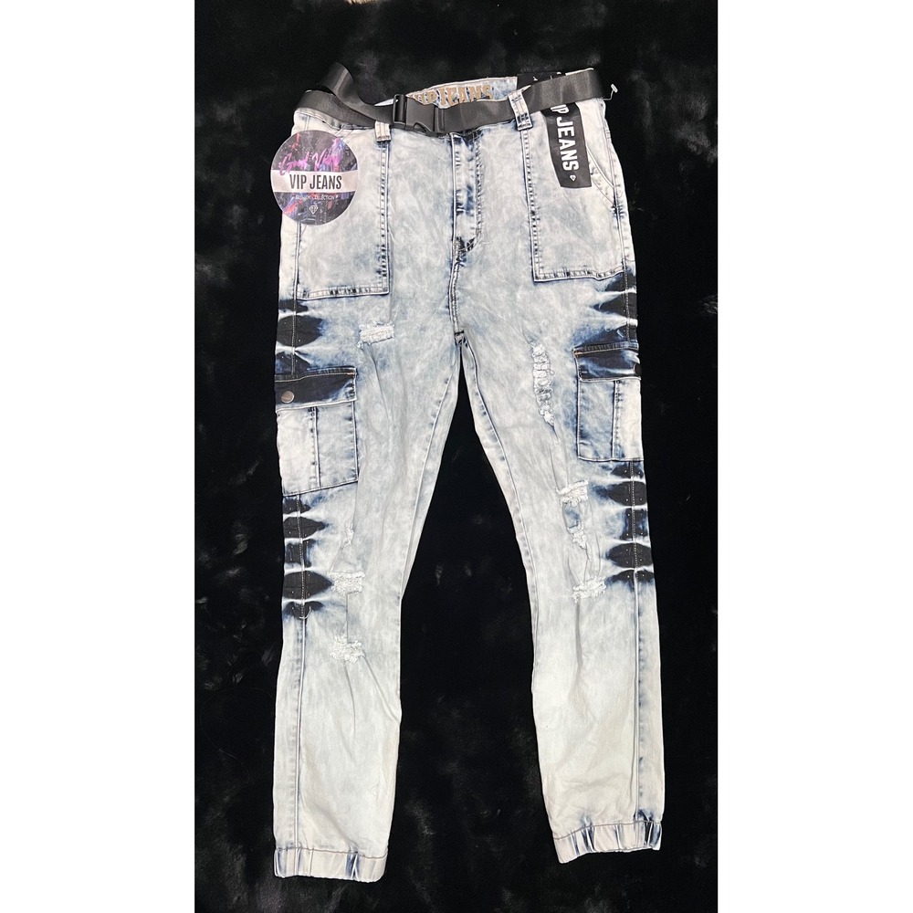 VIP‎ Jeans Mens Size 15/16 Light Wash Distressed Stretch Cargo Jogger Pants